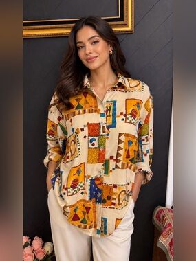 Max Deco Vintage Abstract Geometric Print Button Down Shirt